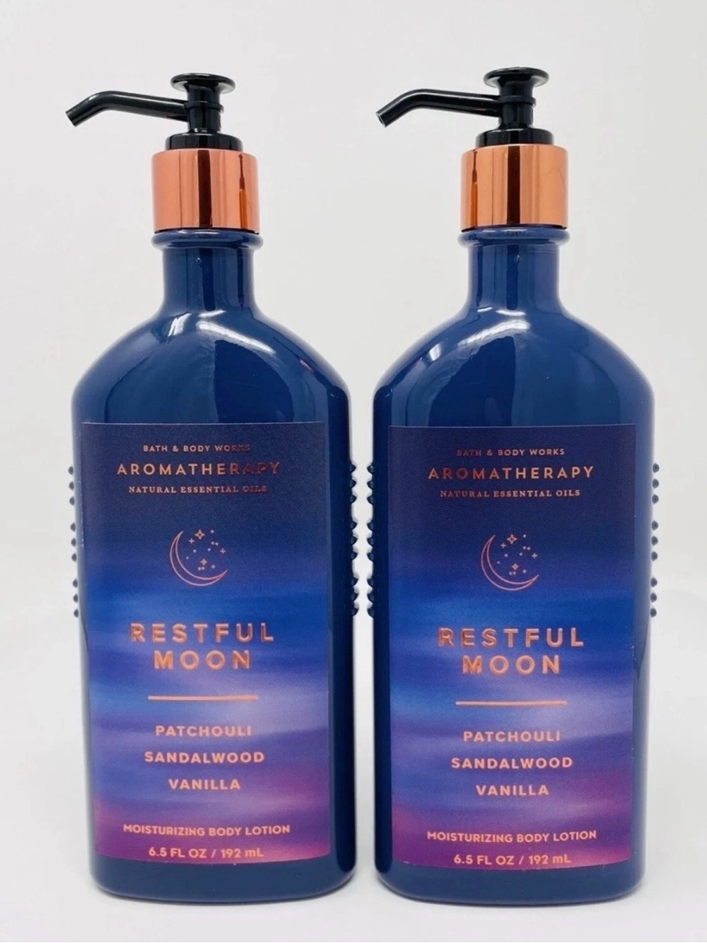 New BBW Restful Moon Patchouli Sandalwood Vanilla Aromatherapy Body Lotions RARE